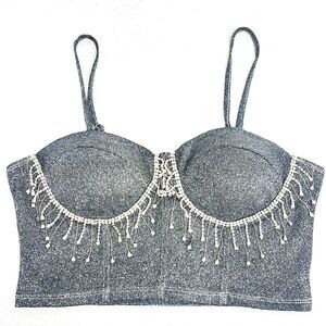 Y2K Silver Glitter Bustier bra Crop tank diamond tassel top M Goth Punk Whimsy